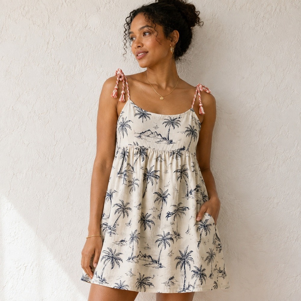 KOCH Mini Dress Cotton Tropical Palm Tree Print Womens XS Braided Rope Straps